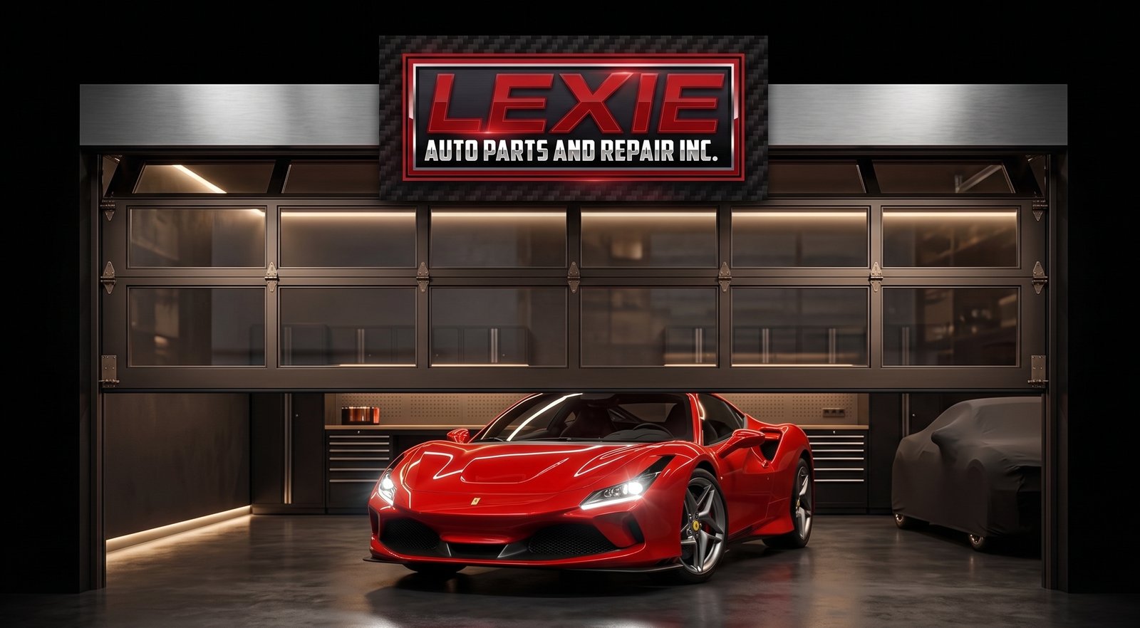 Red Ferrari parked inside the Lexie Auto Parts and Repair garage